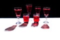 Red wine white glasses background light shadow tropical leaves Royalty Free Stock Photo