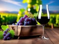 Red wine in a wine glass and ripe grapes on a wooden table. Generative Ai Royalty Free Stock Photo