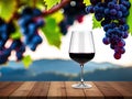 Red wine in a wine glass and ripe grapes on a wooden table. Generative Ai Royalty Free Stock Photo
