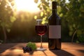 Red wine in wineglass and bottle on table. Summer landscape. Illustration. Generative AI. Royalty Free Stock Photo