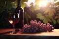 Red wine in wineglass and bottle on table. Summer landscape. Illustration. Generative AI Royalty Free Stock Photo