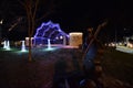 Red wing minnesota band shell and dog playing cello with Christmas lights in the park