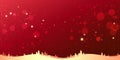 Red winter Christmas background with gold landscape, snowflakes, light, stars.