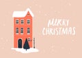 Red winter house, falling snow and handwritten text merry christmas. Simple modern greeting card design