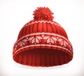 Red winter knitted hat. Vector icon