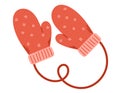 Red cartoon winter children knitted mittens on a rope. Vector isolated flat christmas illustration. Royalty Free Stock Photo