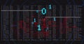 Red wireframe cityscape floating in interface, showing gridlines, data table and cyan binary digits Royalty Free Stock Photo
