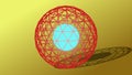 Red wireframe sphere or circle with a glowing blue color energy ball inside with shadow, isolated on yellow background. Royalty Free Stock Photo