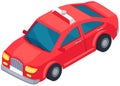 Red wireless connection car driving on road. Autopilot transport for traveling and city trips. Isometric automobile