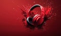 Red wireless headphones with splash effect on vibrant red background Royalty Free Stock Photo