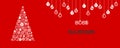 Red wish card 2023 written in Spanish with Christmas\' balls and a white Christmas tree with stars and Christmas\' balls