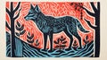 Red Wolf Screenprint By Richard Gardiner: Lively Nature Scenes In Dark Navy And Light Aquamarine