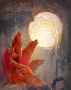 Red wolves. Oil painting on wood. Fantasy illustration for an old medieval Celtic legend. Pack of howling wolves in wild gothic