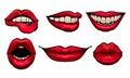 Red Woman Lips Showing Different Emotions Vector Illustrated Set