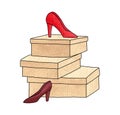 Red woman\'s shoe is on top of a stack of three cardboard shoe boxes, next to it is a burgundy woman\'s shoe