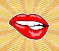 Red woman sweet lips in pop art retro comic style on stripped an Royalty Free Stock Photo