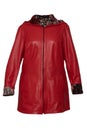 Red womans leather coat. Luxurious elegant bright female red leather coat on a mannequin isolated on a white background.
