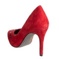 Red women`s shoes on a white background. Suede shoes. Stylish and sexy shoes Royalty Free Stock Photo