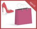 Red women shoes and pink shopping bag Royalty Free Stock Photo