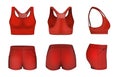 Red women sports bra, crop top, shorts mockup set, vector illustration. Sportswear fashion, training clothes template.