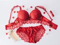 Red women underwear with lace isolated on white background. red bra and pantie.Copy space. Royalty Free Stock Photo