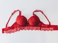 Red women underwear with lace isolated on white background. red bra and pantie.Copy space. Royalty Free Stock Photo