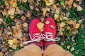 Red women& x27;s shoes top view on a background of yellow autumn foliage. Walk in the September park. Royalty Free Stock Photo