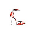 Red womens high-heeled shoe painted with strokes and spots