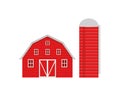 Red wooden barn and agricultural silo for grain storage isolated on white background. American farm buildings front view Royalty Free Stock Photo