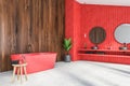 Red and wooden bathroom corner, tub and sink Royalty Free Stock Photo