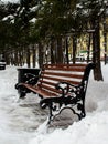 Red wooden bench with cast-iron metal black armrests in a city park covered with snow in winter Royalty Free Stock Photo