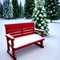 Red Wooden Bench Covered in Snow and Evergreens Royalty Free Stock Photo