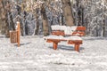 Red wooden bench covered with snow on winter season in the city Royalty Free Stock Photo