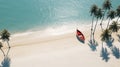 Red wooden boat and palm trees casting shadows on a sand beach, on a warm sunny day. Calm turquoise sea. Generative AI