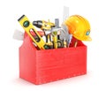 Red wooden box full of tools. 3d illustration Royalty Free Stock Photo