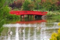 Red Wooden Bridge on Lake in a Japanese Garden Royalty Free Stock Photo