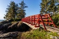 Red wooden bridge on a forest trail Royalty Free Stock Photo