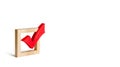 red wooden checkmark for voting on elections on a white background. Presidency or parliamentary elections, a referendum. Survey