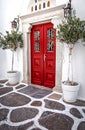 Red wooden door decorated with palm trees in Mykonos, Greece