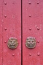 Red wooden door in traditional style Royalty Free Stock Photo