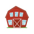 Red wooden farm barn with big windows for keeping animals or agricultural equipment. Cartoon rural building. Countryside