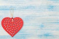 Red wooden heart on a blue wooden background. place for text. Valentine`s Day. view from above Royalty Free Stock Photo