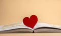 A red wooden heart on centerfold book