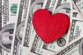 Red wooden heart and many greenbacks one hundred dollar dollars with image of Franklin scattered on the surface