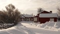 Red wooden historic church houses of Gammelstad near Lulea in winter in Sweden