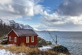 Red wooden house called rorbu at the Lofoten archipelago