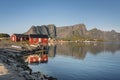 Red wooden house called rorbu on Lofoten Islands