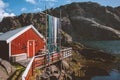 Red wooden house fishing village in Norway traditional architecture rorbu