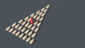 Red wooden man stands in the middle of white figures of people lying in the shape of a wedge. The concept of excellence, business