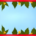 Red wooden picture frame decorated with small yellow flowers and green leaves on blue copy space background Royalty Free Stock Photo